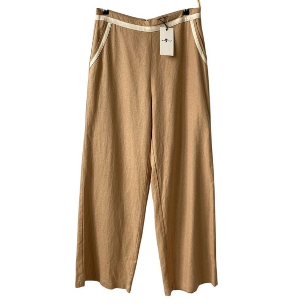 7 For All Mankind Women Wide Leg Linen Blend Trouser Pants Size M Tan Luxury NWT - Picture 2 of 11